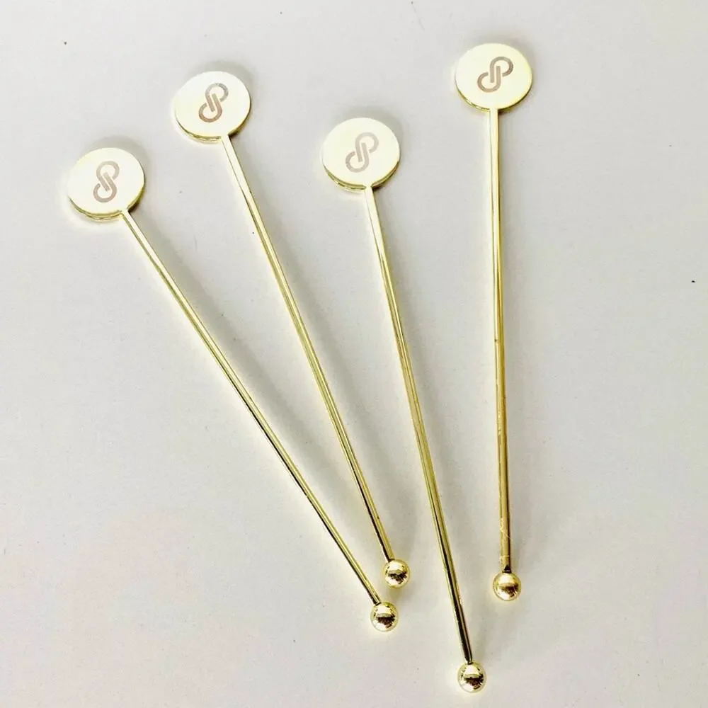 NEW POSHMARK Gold Logo Circle Disc Cocktail Stir Stick Stirrer Barware Set 4